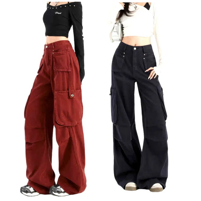 American Angora Red Stained Pants Street Style High Waist Multi Pocket Cargo Trousers Loose Wide Leg Cowboy Pants