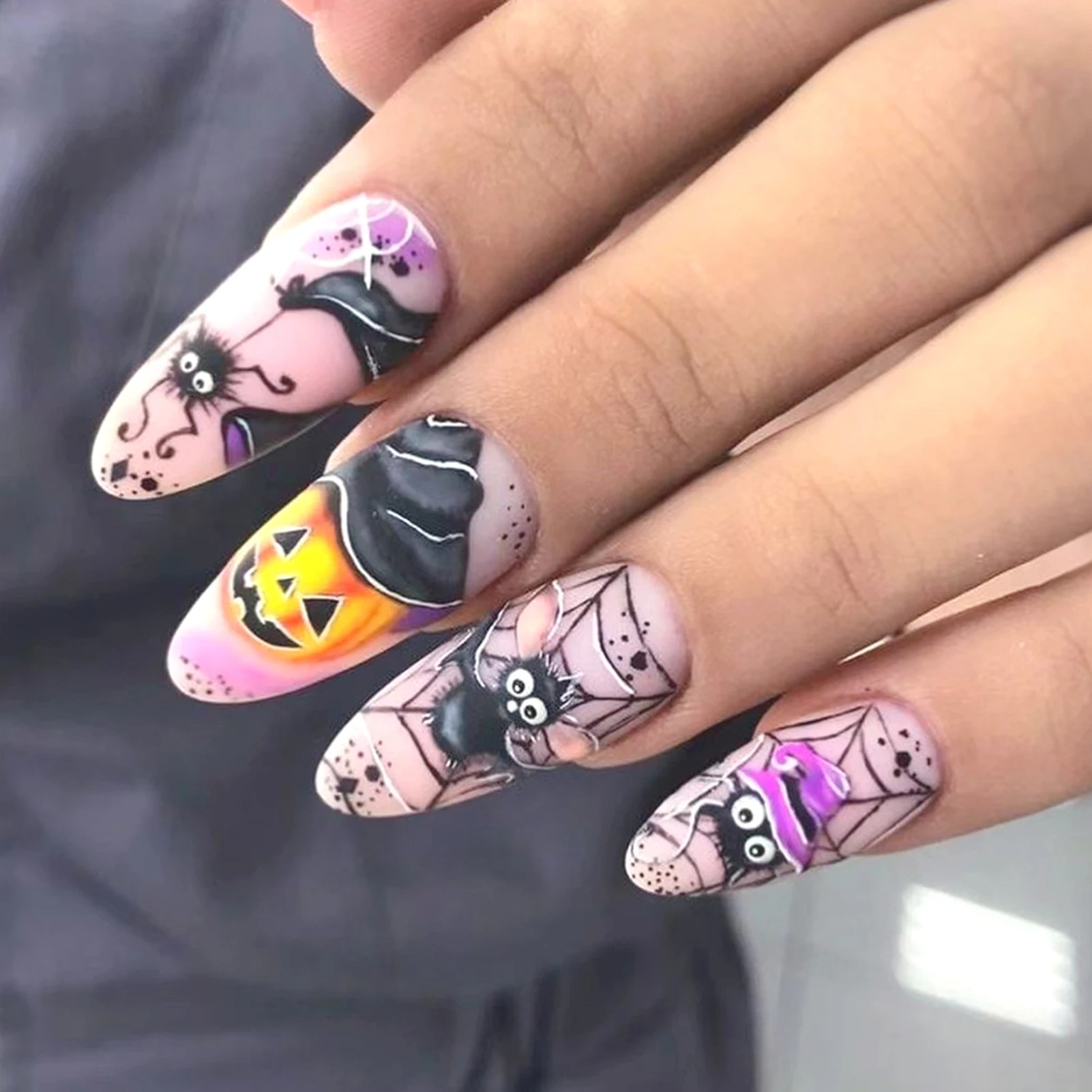 

24pcs Wearable Almond False Nail Patches Halloween Theme Press On Nails With Dancing Spider Bat Pumpkin Designed DIY Manicure