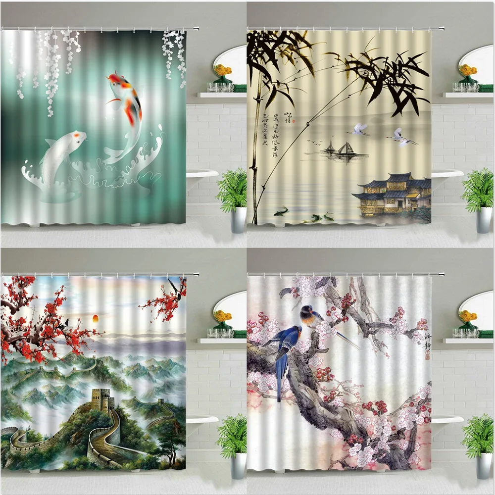 Chinese Style Building Landscape Flower Bird Fish Scenery Shower Curtain Bathroom Screen Waterproof Fabric Bathtub Cloth Curtain