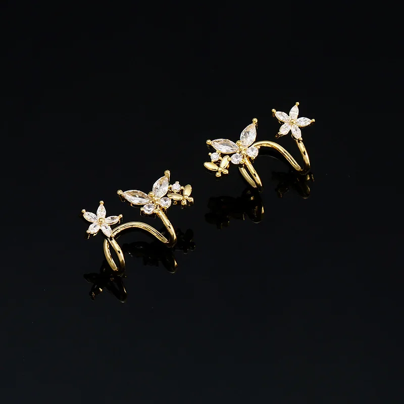 Fashion New Micro-inlaid Butterfly Ear Clips Without Ear Holes Row Earrings Five Petal Flower Jewelry Women Hot Sale