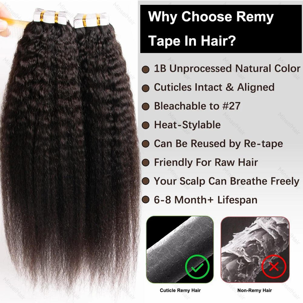 1B Kinky Straight Tape Ins 50G 12-26 pouces blanchi à # 27 Extensions de cheveux à bande Remy cheveux humains 1-6 paquets 50-300G