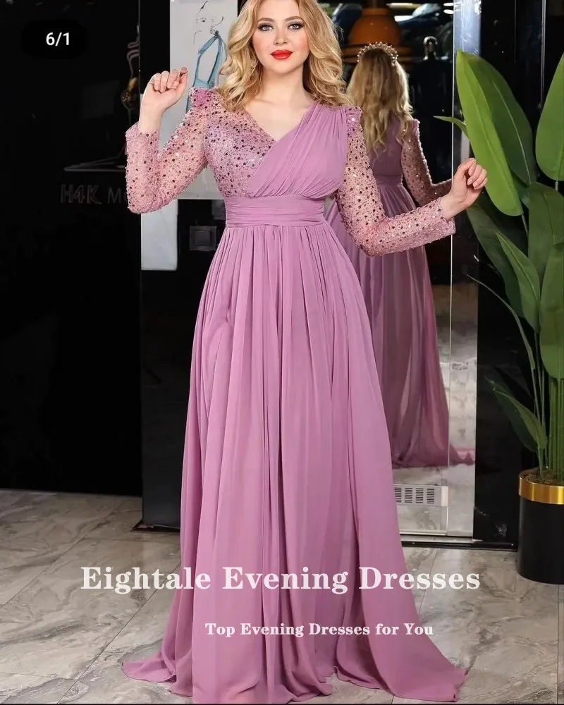 Eightale Elegant Evening Dresses Burgundy Glitter V-Neck Pleats Chiffon Long Sleeves Prom Party Gown Graduation robes de soirée