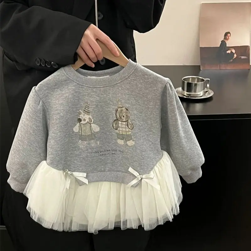 

Girls' Long sleeved T-shirt Spring/Autumn Korean Cute Bear Printed Hoodie Children's Mesh Lace Hoodie