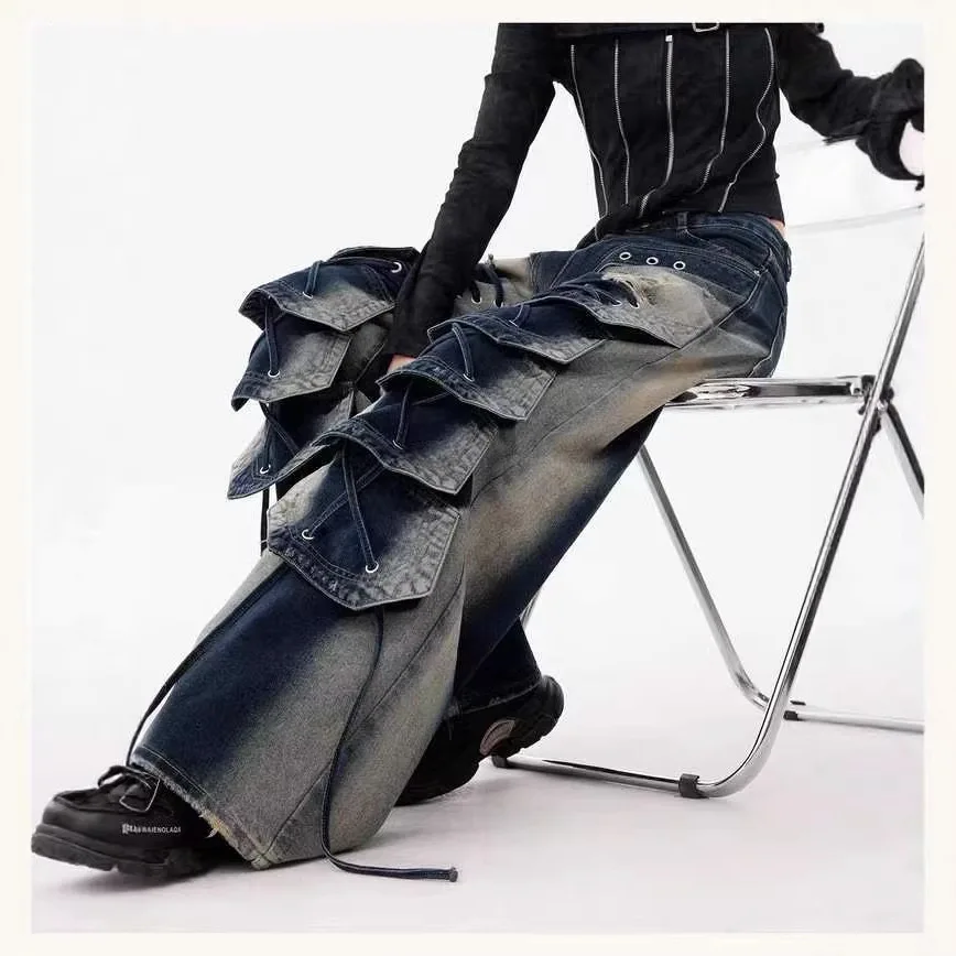 2026 Spring Women Vintage Multi-Pocket Cargo Jeans Creative Streetwear Fashion Wide Leg Denim Pants
