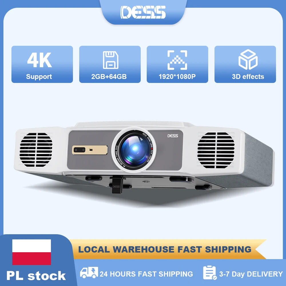 DESS 4K-Projektor, 3000 Lumen, Autofokus, Dual WiFi, 6 BT 5.0, stabil, Nullverzögerung, Heimkino, Smart-Android-Projektor, 2 GB, 64 GB