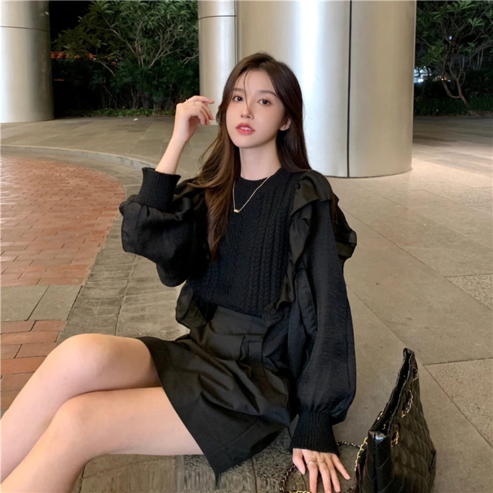 Pullovers Women Two Fake Pieces Sweaters Designs Knitwear Solid Slouchy Stylish Ulzzang Ruffles Elegant Temperament Harajuku New