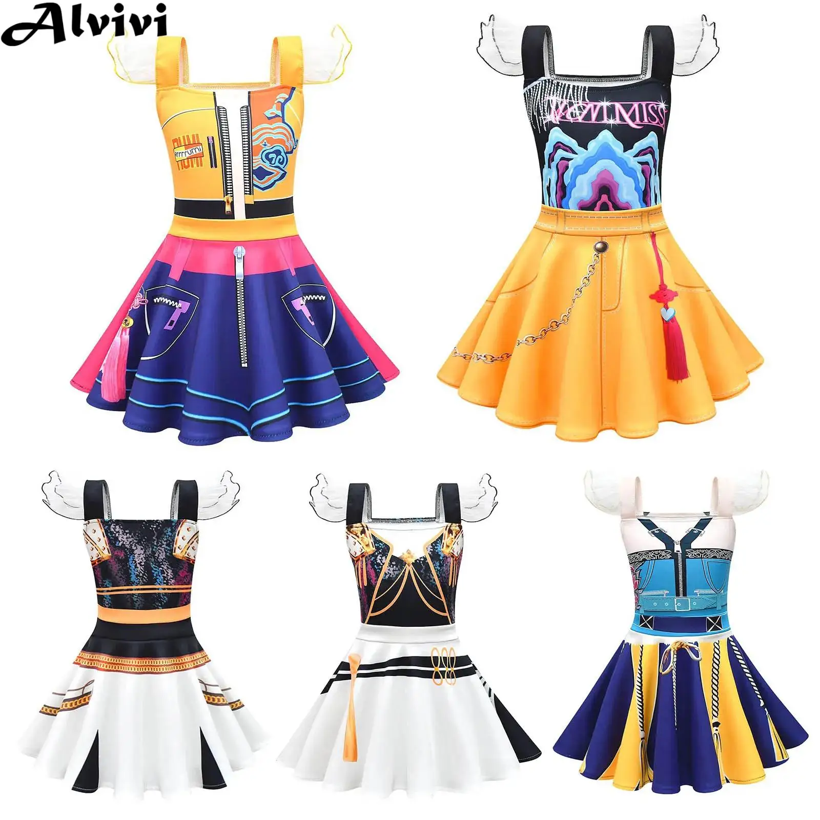 أطفال بنات كشكش الأكمام لطيف الكرتون طباعة فستان رقص الباليه هالوين موضوع حفلة الشيطان هنتر تأثيري أداء زي