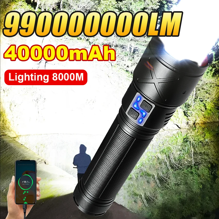 990000000LM Super Bright Flashlight Zoomable Powerful Torch 40000mAh Rechargeable LED Light Tactical Lantern For Outdoor Camping