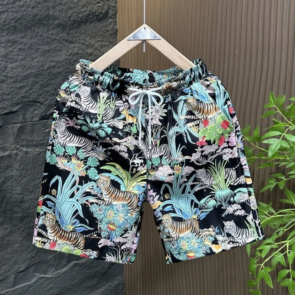 

Мужские шорты с цветочным принтом и карманами, широкие свободные мужские шорты на шнурке, мешковатые ледяные шорты в корейском стиле, модные летние 3 четверти