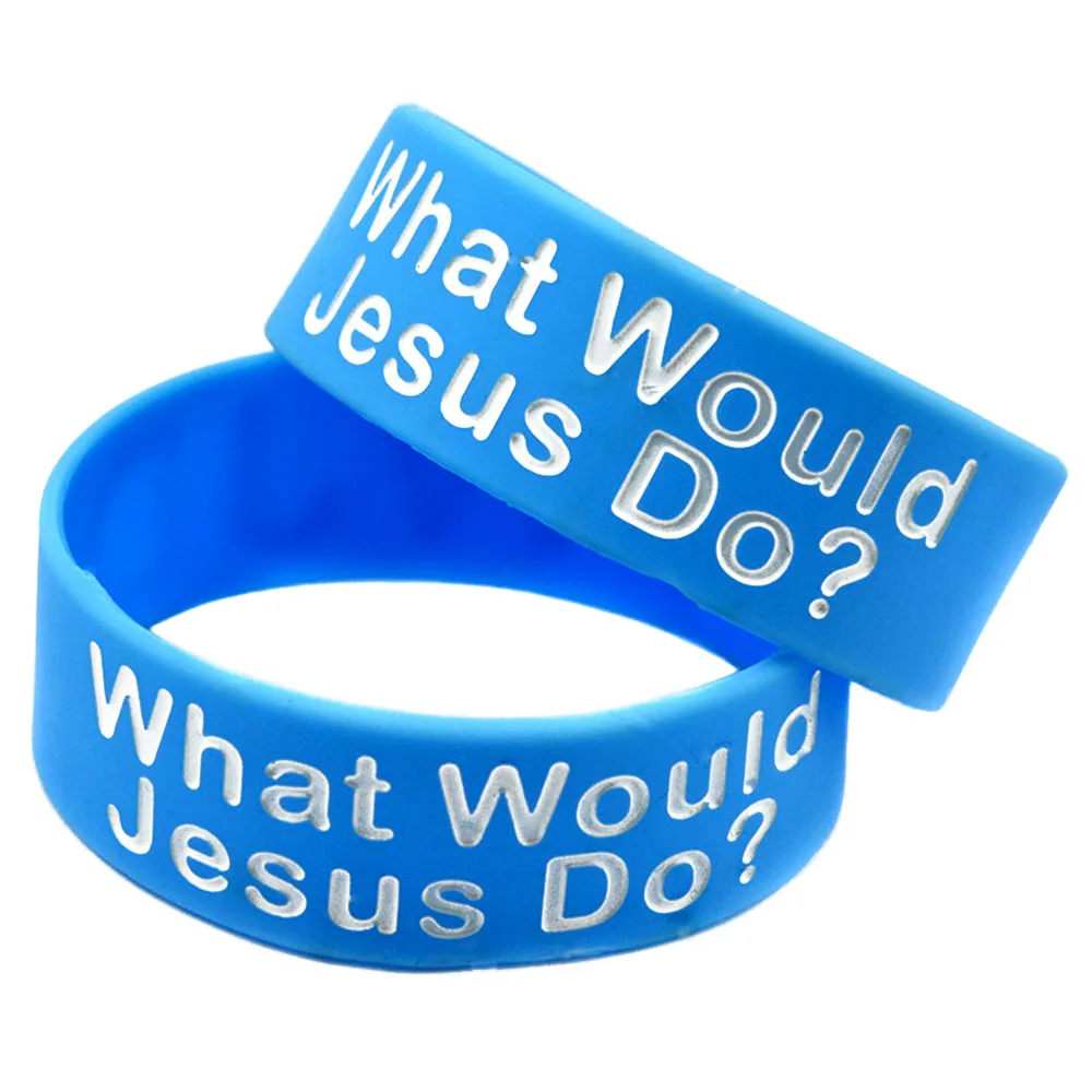 1 PC One Inch Wide WWJD Wristband Jesus What Would Jesus Do Silicone Rubber Bracelet Blue