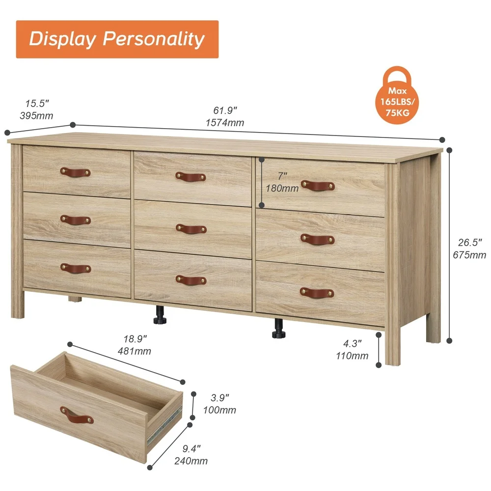 Large Storage 9 Drawer Dresser Multifunctional Chest Stylish Organizer Nursery Bedroom Entryway Furniture