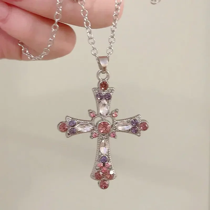 Pink Zircon Cross Pendant Jewel Necklace Fashion Gothic Punk Y2K Rhinestone Jewellery Fashion Charm Statement Women Gift