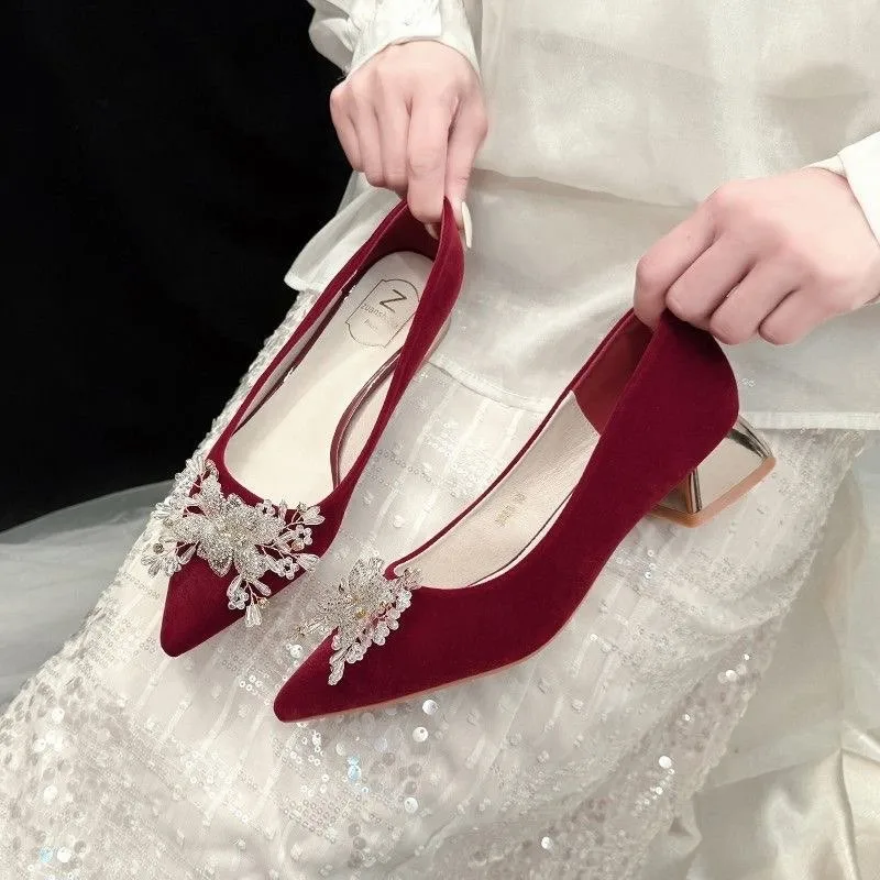 New Women's High Heel Shoes Causal Wedding Versatile Wine Red Ladies Bride Dress Shoes Luxury Woman Performance Mary Jane Shoes