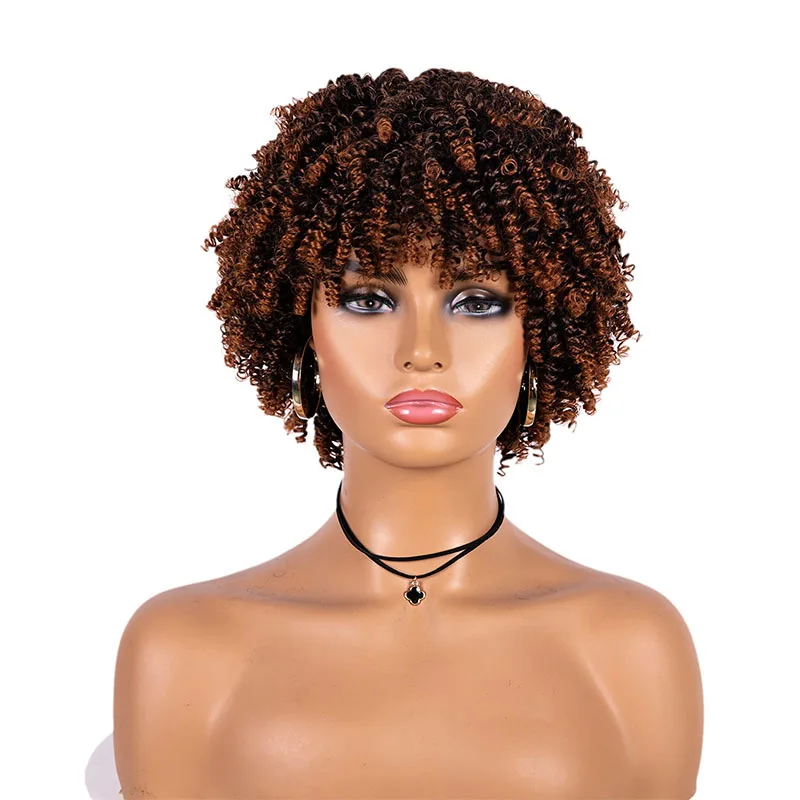 Curto Curly Afro Perucas com Franja para Mulheres Negras, Peruca Cosplay Natural, Cabelo Sintético Encaracolado Kinky, Headband, HD Caps