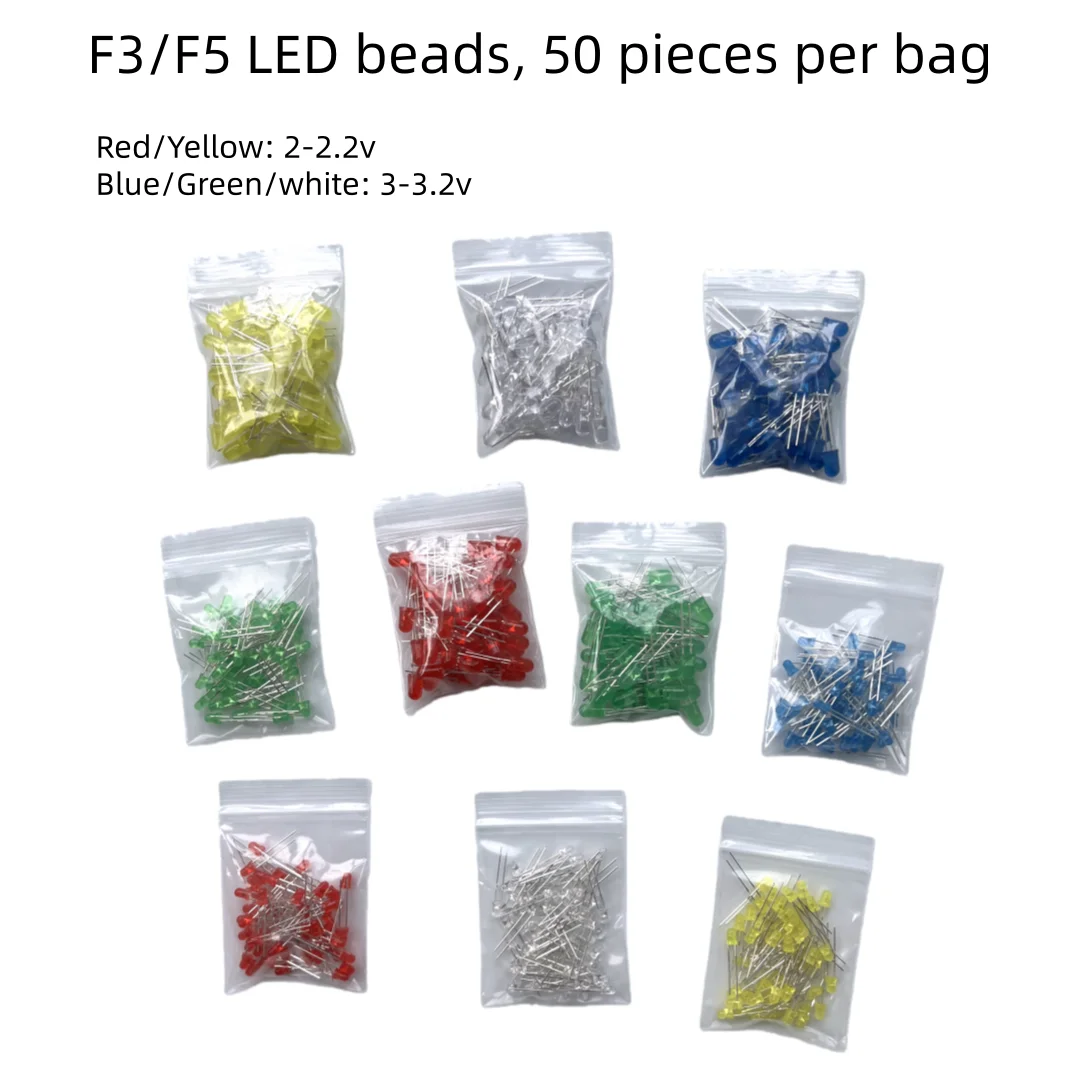 50 Uds. Bombillas LED F3/F5 en bolsa, diodos LED de orificio pasante