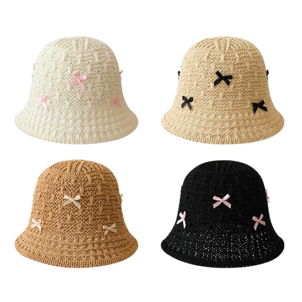 Fashion Mini Bow Beach Straw Hat Solid Color Breathable Korean Bucket Hat Cotton Panama Women Suncreen Hat Travel Vacation