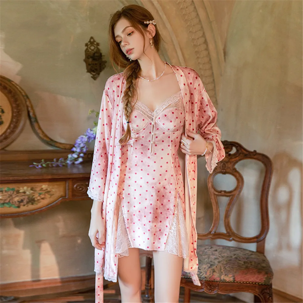 

Two Piece Polka Dot Velour Robe Nightgown Sets Female Sleepwear Sexy Kimono Bathrobe Backless Nightdress Loose Velvet Home Dress