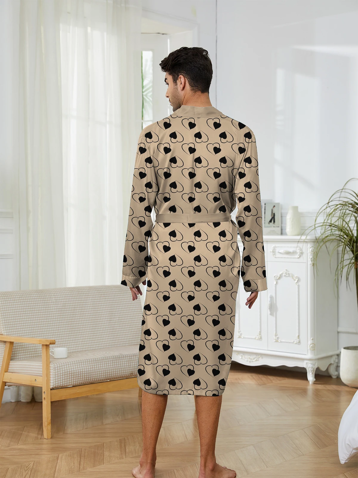 Men's Spring Autumn Sleeping Robes Digital Printed Love Pattern, Home Thin Style, Fashionable Casual Men's bathrobe Quick Drying