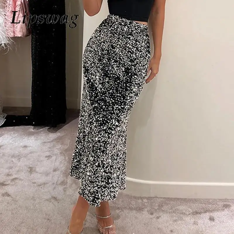 

2024 Women Bag Hip Slim Party Skirt Sexy Navel Temperament Solid Half Dresses High Street Shinny Sequins High Waist Long Skirts