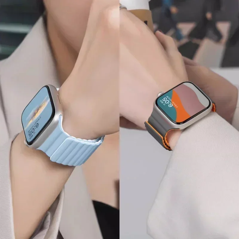 Магнитный ремешок для Apple Watch, 46 мм, 42 мм, 49 мм, 45 мм, 44 мм, 41 мм, силиконовый спортивный браслет iWatch Series ultra 10 9 8 7 6 5 SE