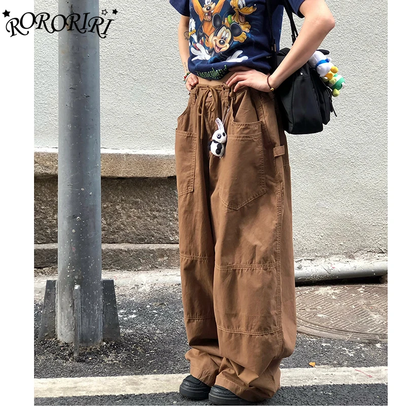

RORORIRI коричневые спортивные штаны в стиле ретро, женские однотонные повседневные брюки с завязками на талии, однотонные широкие брюки, походная уличная одежда