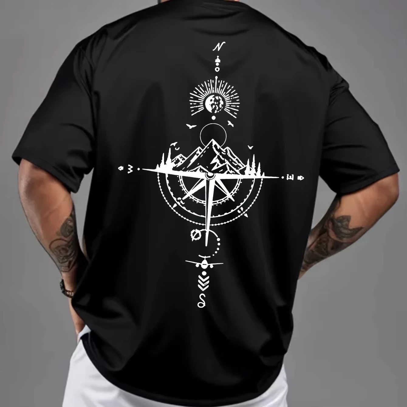 

Compass Printed Mens Cotton Short Sleeve Casual Athletic Loose Top Oversized Vintage Comfort Fit Round Neck Short Sleeve Tops