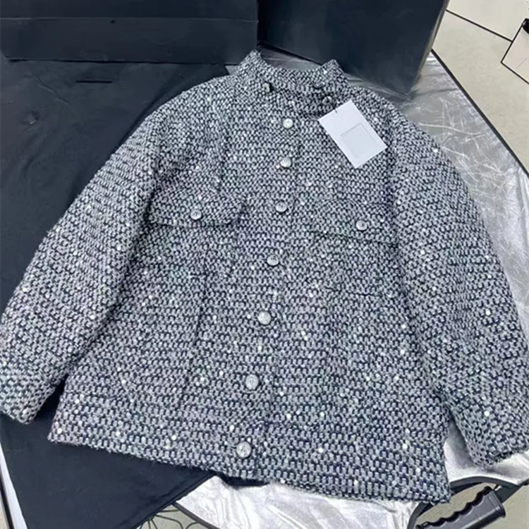 Customization European women's clothing - new summer styles in 2026 Long-sleeved stand-up collar sequined tweed coat skirt set