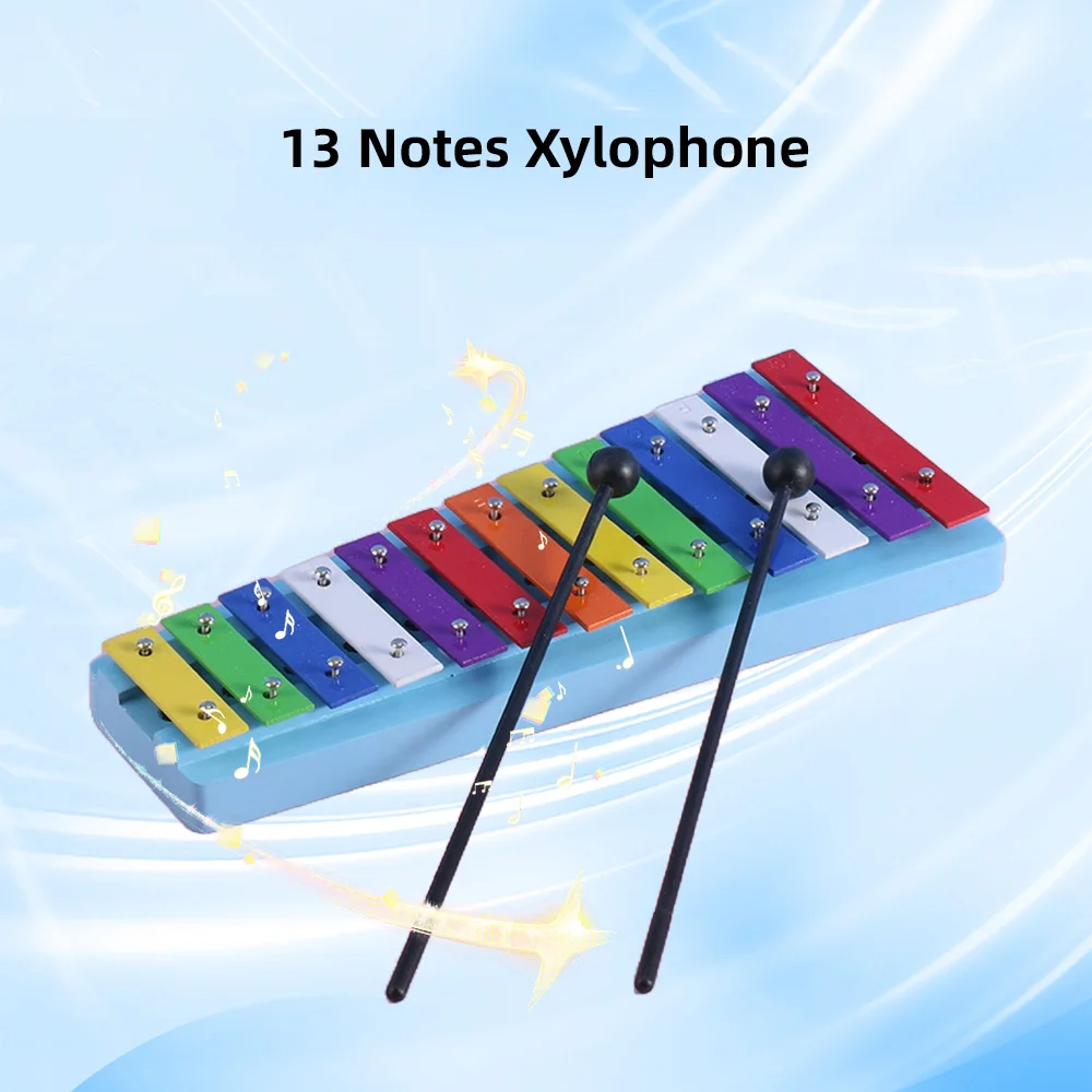 13 Notes Glockenspiel Xylophone Colorful Metal Keys Percussion Rhythm Handheld Musical Instrument 2 Mallets Gift for Beginner