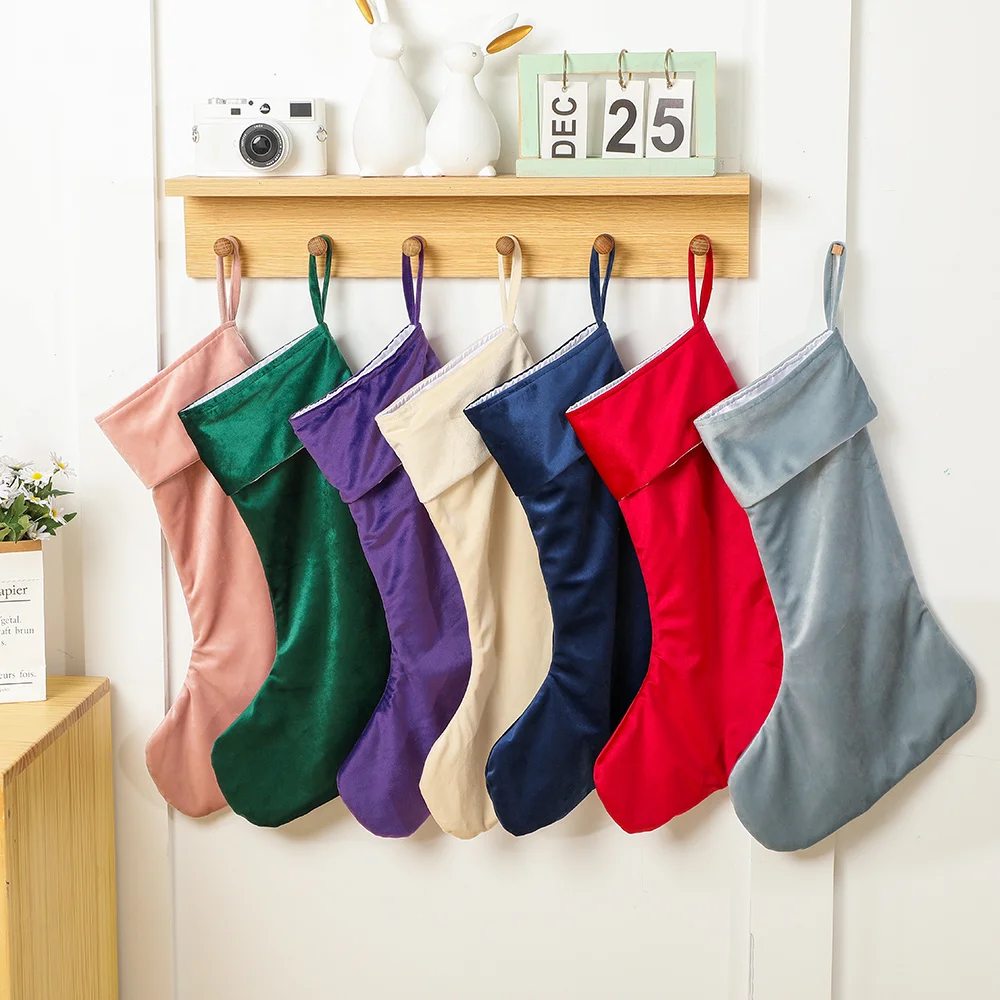 

Velvet Christmas Stocking For Kids Solid Color Fireplace Home Holiday Decoration Merry Christmas Gift