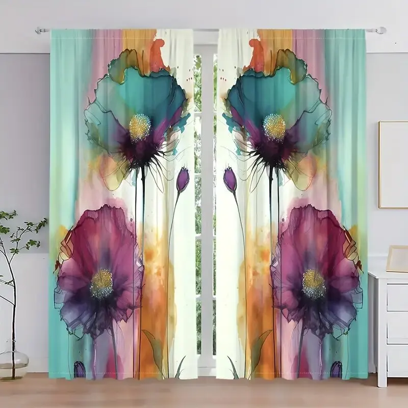 2pcs- Retro colorful floral pattern printed curtains, window decorations, home decorations, room decorations
