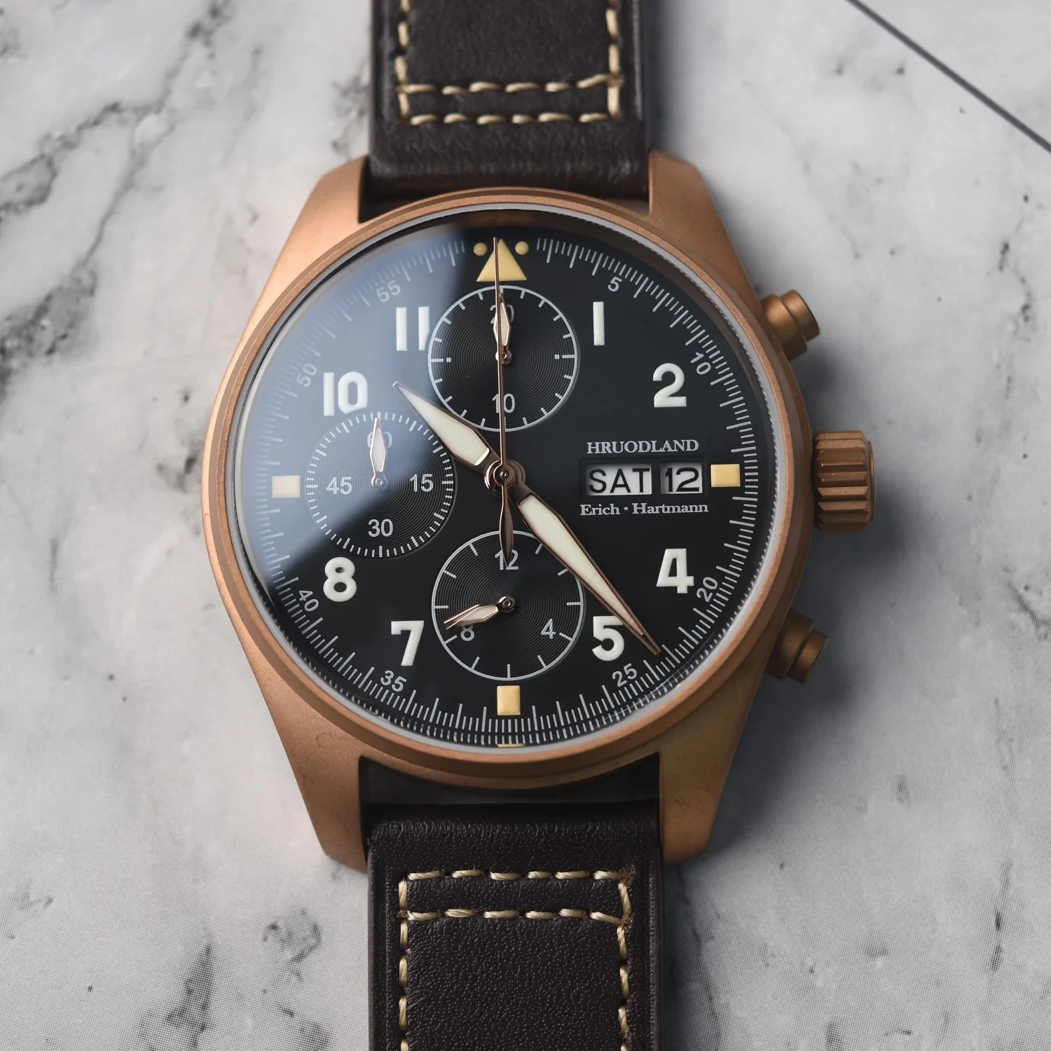 Hruodland 2024 Solid Bronze Multifunction Quartz Men‘’s Watches F007Q 6S00 Leather waterproof Chronograph Pilot watches for men