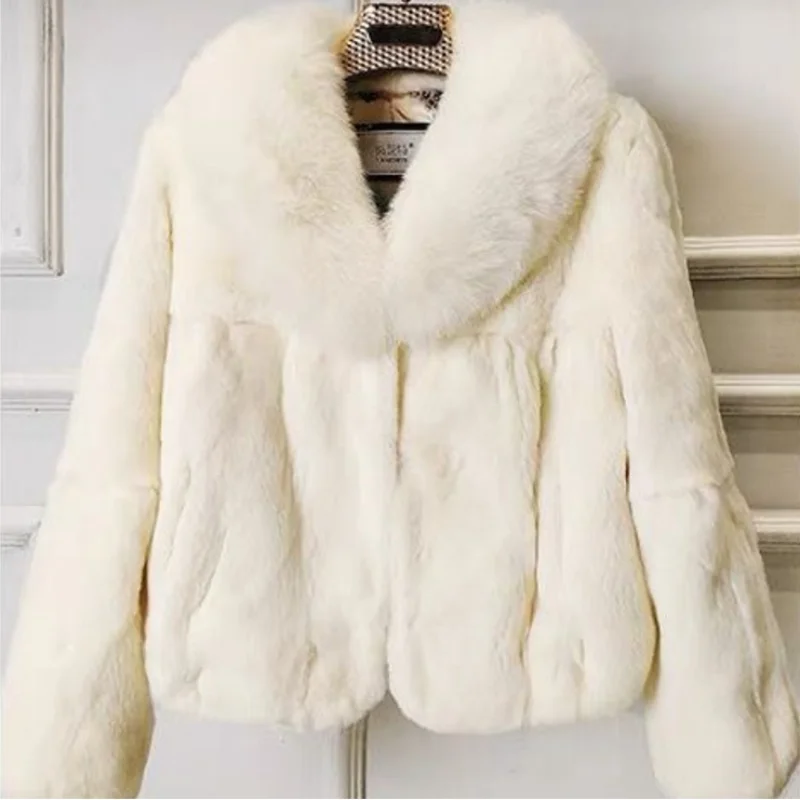 Hot sale women winter long style 100% real rabbit fur coat with fox fur collar Warm thick rabbit fur jacket Female real fur coat