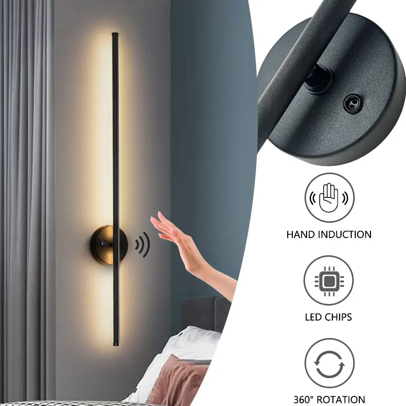 Hand Induction LED Wall Lamp Modern Bedside Foyer Corridor Black Wall sconce Up Down 360° Rotatable Long Strip Wall Lighting