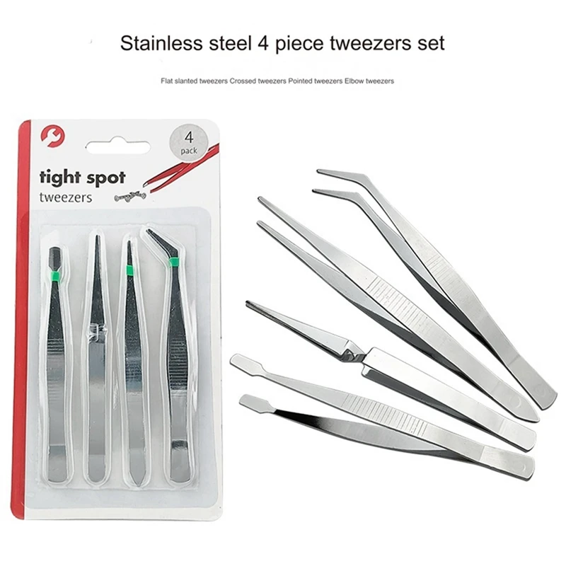 4-Piece Set Of Stainless Steel Combination Tweezers, Elbow Tip, Labor-Saving Pliers,Cross-Reverse Flat-Mouth Stamp Clips