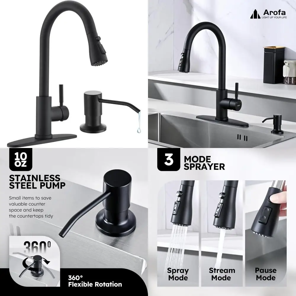 

Матовый черный кухонный смеситель с выдвижной лейкой, 3 режимами подачи воды и встроенным дозатором для мыла