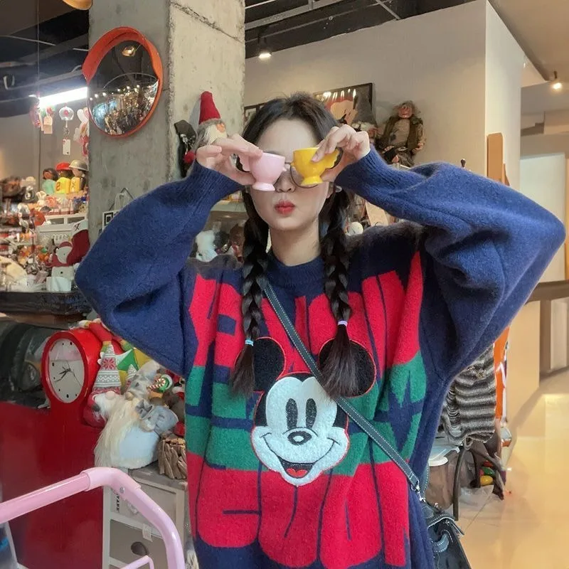 

Аниме кампус стиль мультфильм Микки Маус жаккардовый пуловер свитер студентка осень и зима свободный тонкий вязаный свитер