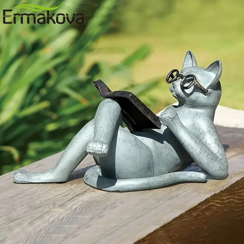 ERMAKOVA Resin Reading Cat Statue Garden Decor Cat Wearing Glasses Sculpture Patio Yard Lawn Home Office Perfect For Cat Lovers