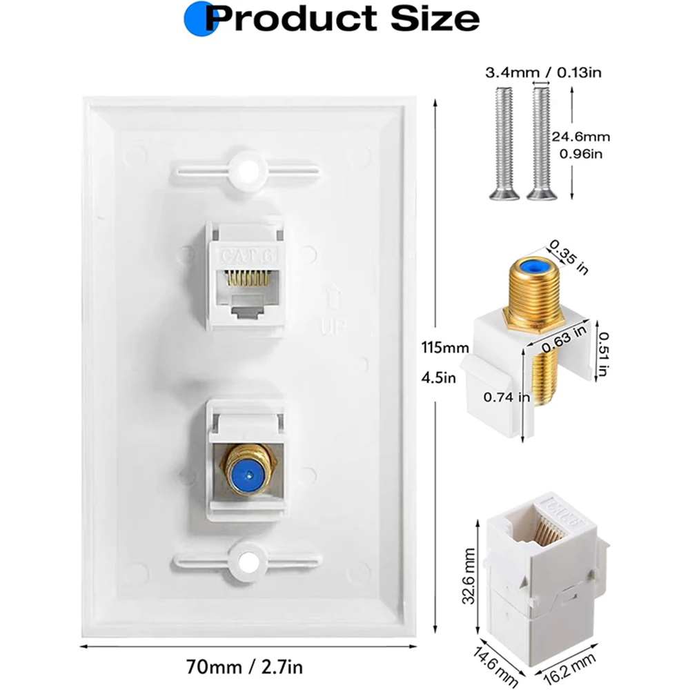 WoeoW Ethernet Coax Wall Plat, 2-Port/3-Port Cat6 Keystone Jack Coupler and Gold Plated RG6 Keystone Jack Insert Wall Plate