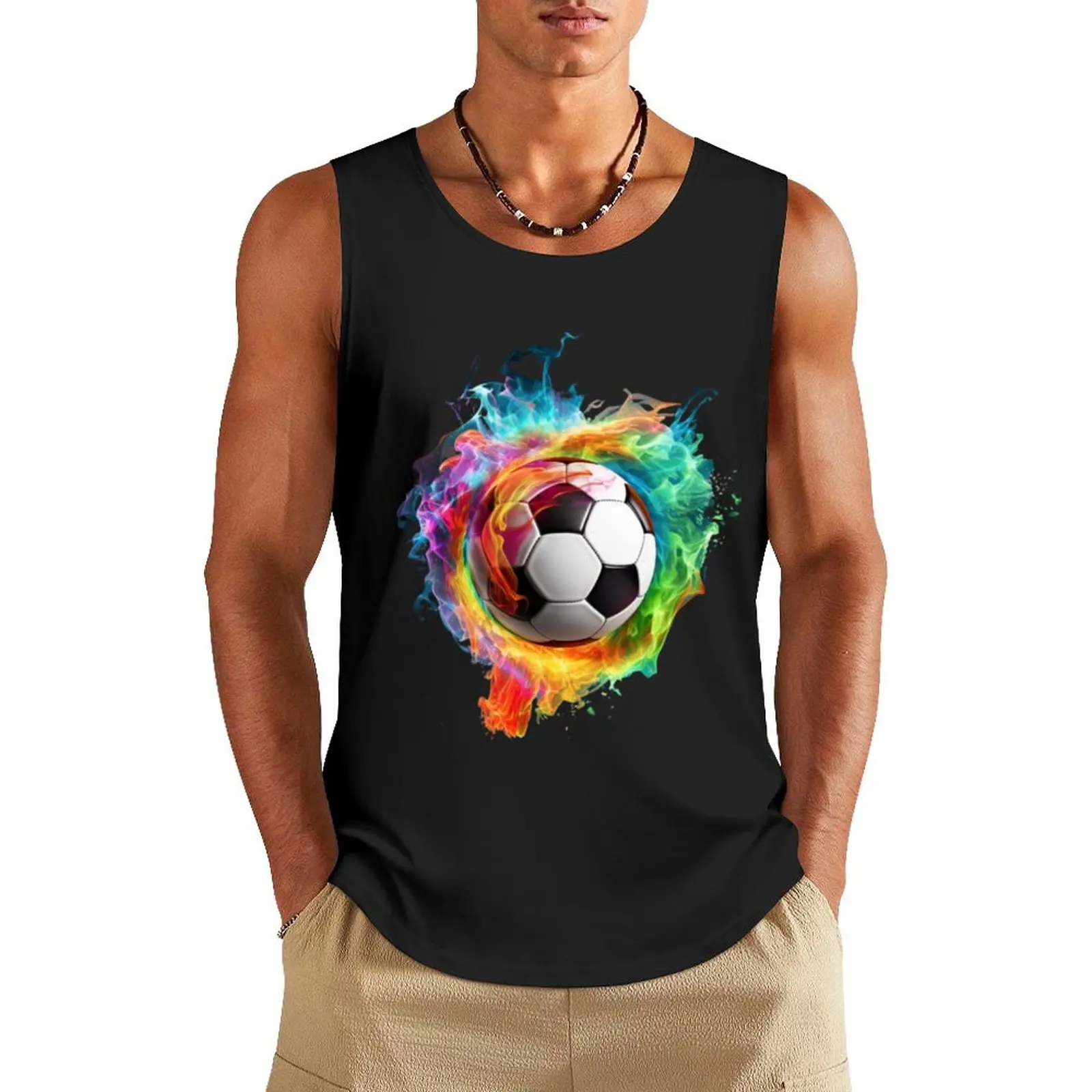 Rainbow Fire Soccer Ball Tank Top Men's gym sports t-shirts for men gym shirts T-shirt man