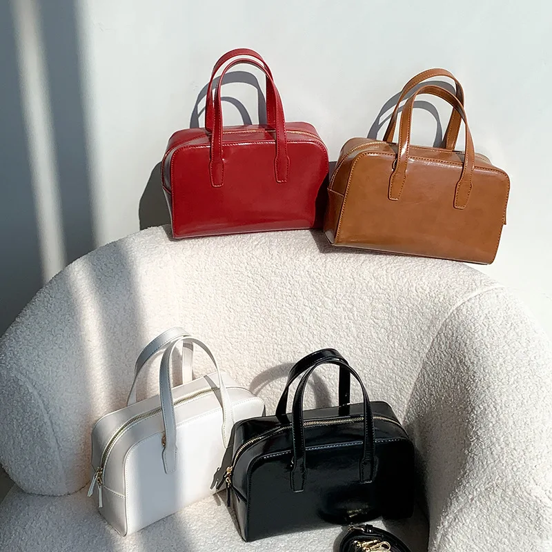 Handbag PU Leather Oil Wax Solid Color Zipper Large Capacity Commuter Square Casual Shopping Trend All-match Shoulder Crossbody