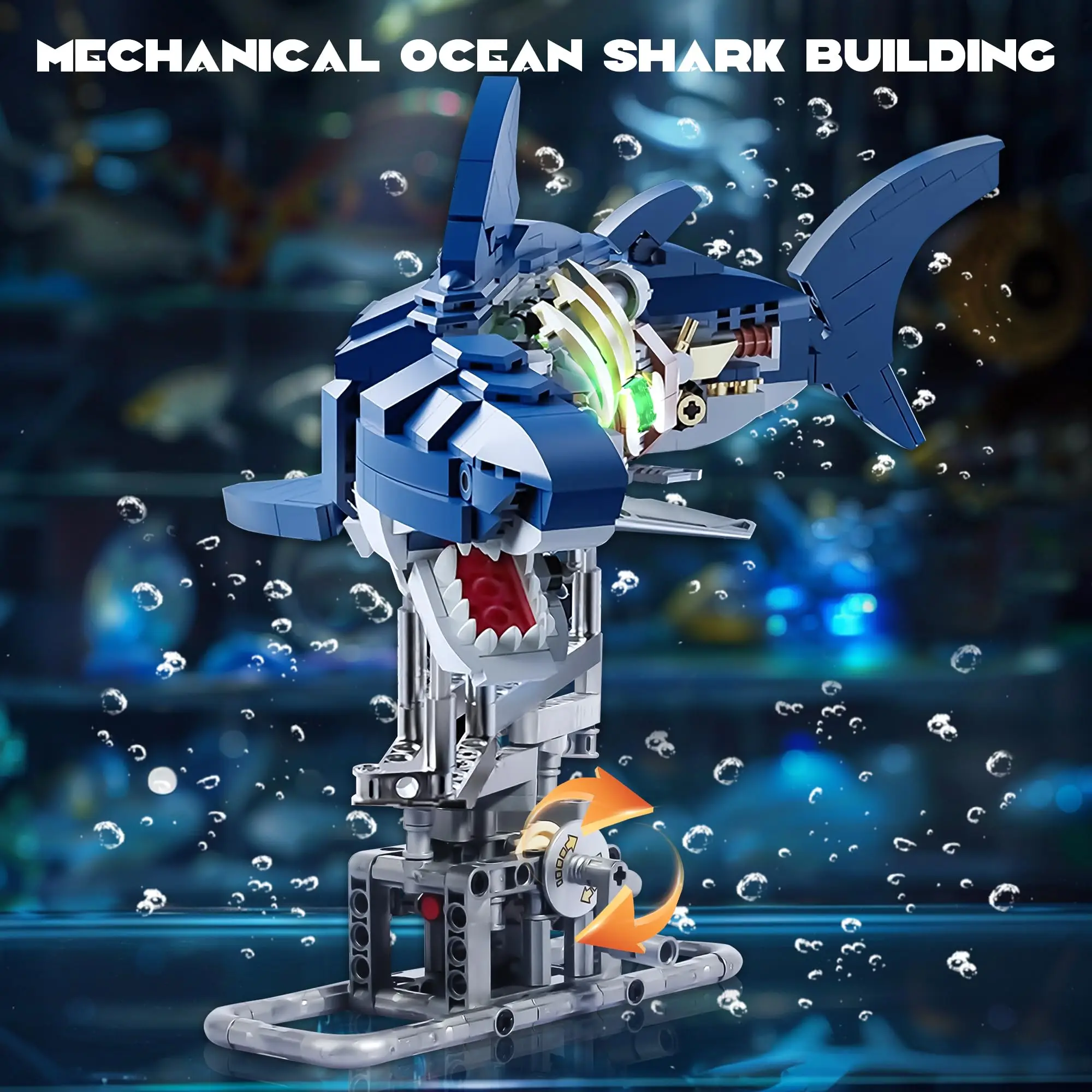 666pcs MOC Technical Mechanical Shark Sea Animal Set con espositore leggero Building Blocks mattoni Model Assembly STEM Toys