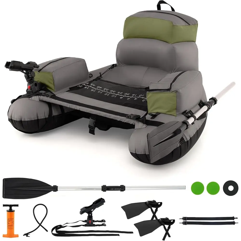 

Надувная лодка для живота с веслом, ластами, держателем удочки, линейкой для рыбы, ручным насосом и хранилищем на молнии, портативными поплавковыми трубками для рюкзака