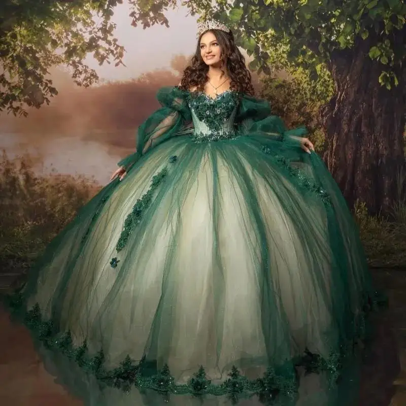 

Customized Green Shiny Quinceanera Dresses Off The Shoulder Lace Applique Beads Bow Tull Puff Sleeve Ball Gown Birthday Party