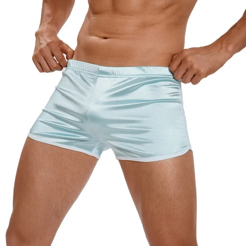 Men Sexy Low Waist Satin Shiny Mini Shorts Tights Contrast White Trim Stage Performance Dance Boxer Plus Size Multi Color Trunks