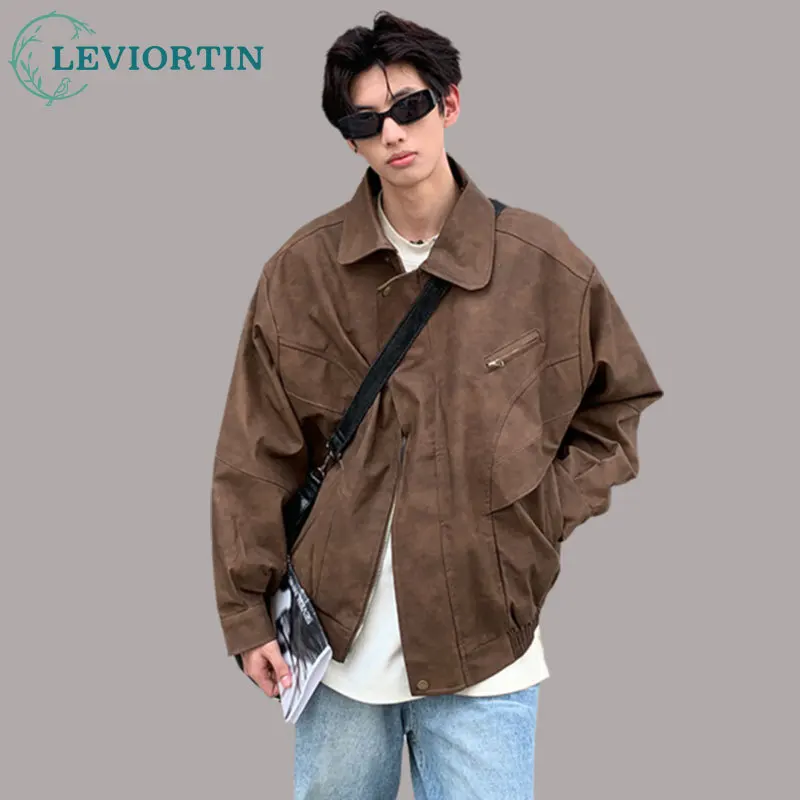 Men's Autumn Lapel Zipper Short Jacket Hip Hop Turn-down Collar Casual Solid Color Bomber Short Jacket Coats Unisex Streetwear