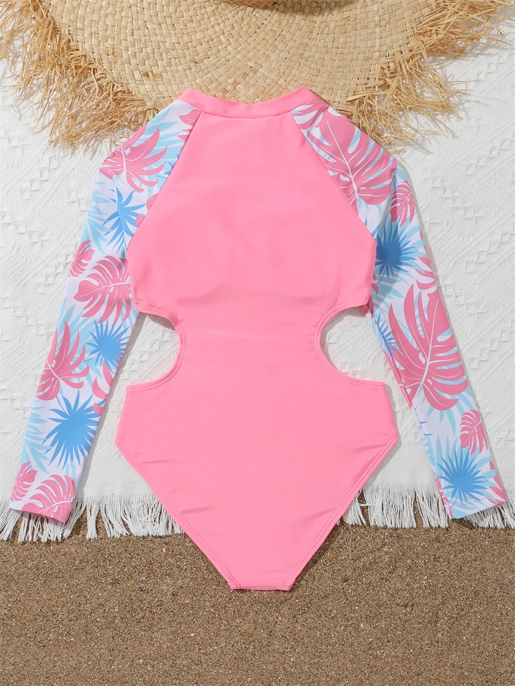 One Piece Girls Swimsuit 2024 New Pink Print Long Sleeve Children Swimwear Summer Hollow Out Kids Beach Swimming Bathing Suit