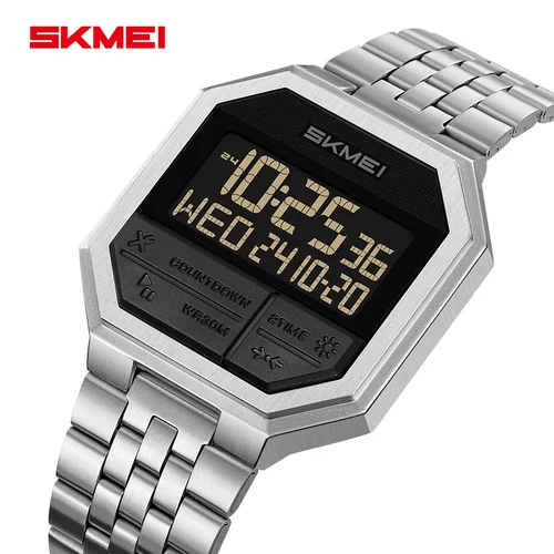 Relojes digitales Skmei 2350 con correa para hombre, luz LED, 50M, resistente al agua, moda deportiva, doble horario con despertador, acero de lujo