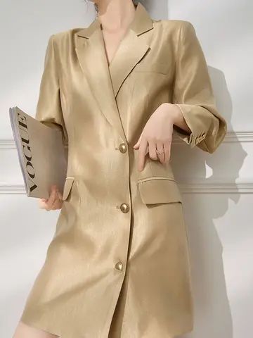 Women Acetate Blazer Dress with Notch Collar & Gold Buttons Loose Fit Summer Autumn Office Lady Workwear
