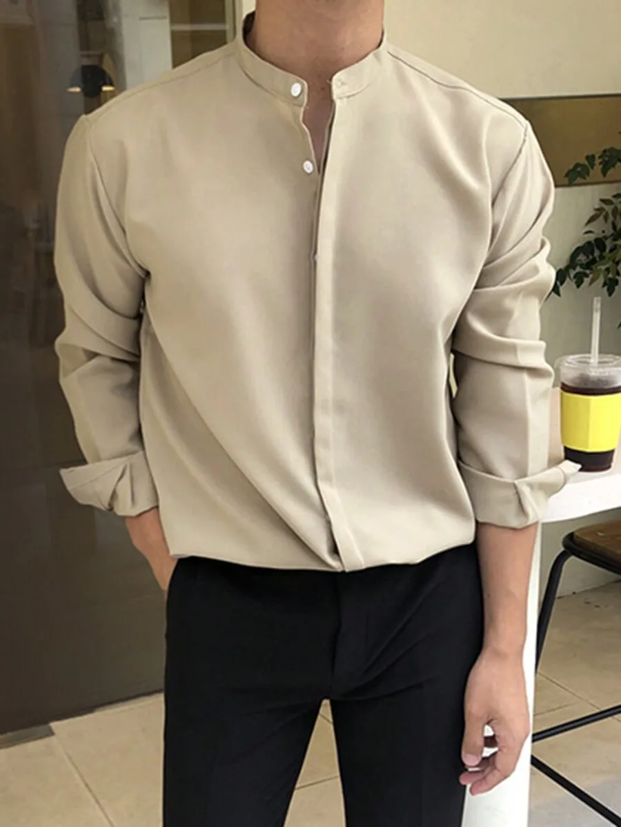 

Men's Beige Stand Collar Long Sleeve Button-Up Shirt for Business Casual