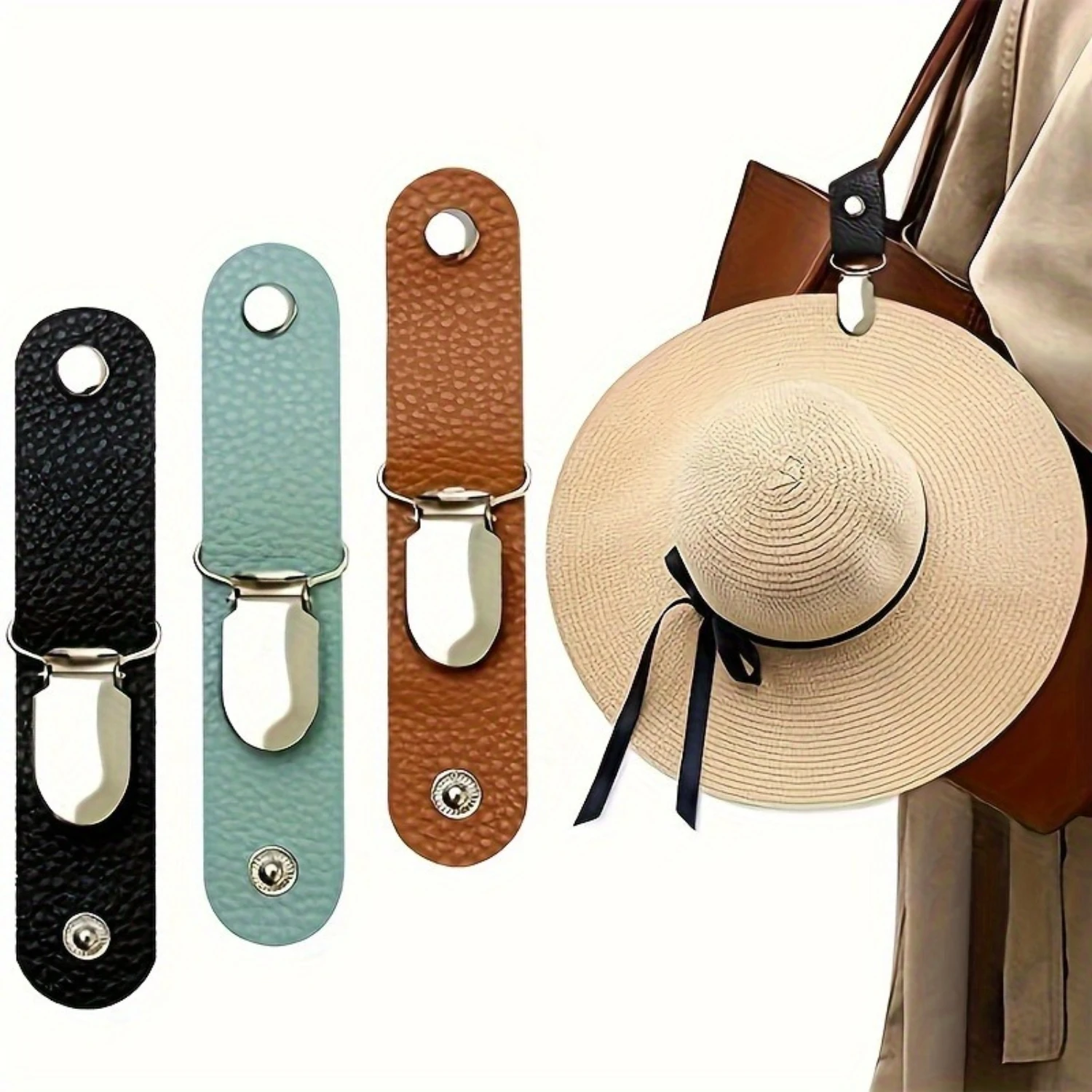 

3pcs Premium PU Leather Simple Hat Clip - Lightweight Multifunctional Organizer for Backpack, Travel Accessories - Compact, Spac